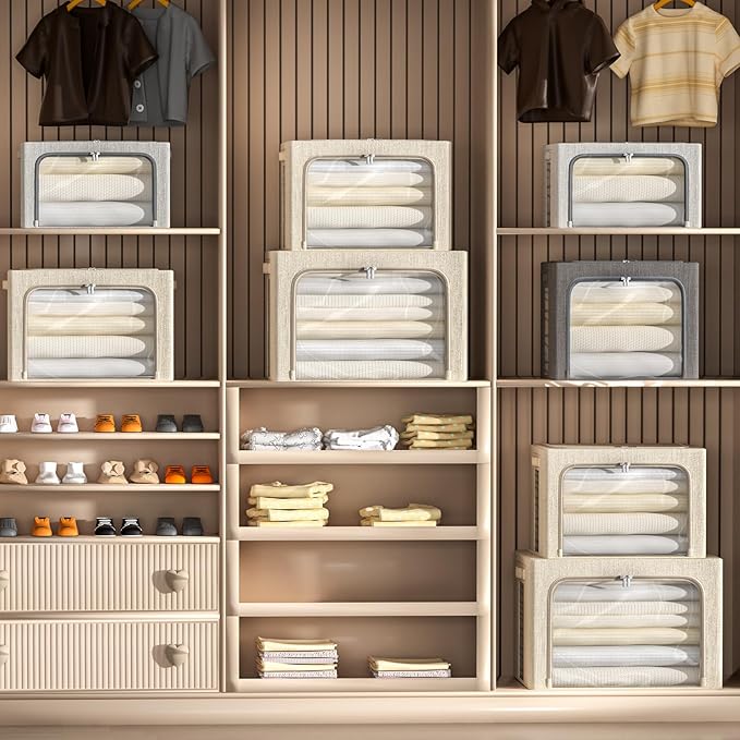 4 Pack Clothes Storage Bins with Metal Frame - Linen Fabric Foldable Stackable Container Organizer Set with Clear Window & Carry Handles & Zippers (Light Grey, 23.6"x16.5"x15.7")