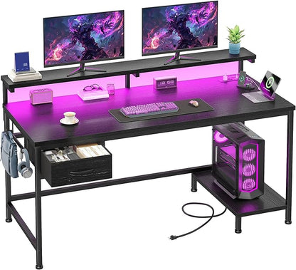 39.3" Gaming Desk with Power Outlet and LED Lights,Computer Desk with Adjutable Monitor Stand and Drawer,Office Desk with CPU Stand for Home Work,Study and Gaming, Small Spaces,Black