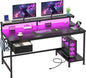 39.3" Gaming Desk with Power Outlet and LED Lights,Computer Desk with Adjutable Monitor Stand and Drawer,Office Desk with CPU Stand for Home Work,Study and Gaming, Small Spaces,Black