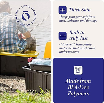 HOMZ 4-Pack Durabilt Tote, Heavy Duty Plastic Storage Bins with Lids, 27 Gallon, Black/Yellow - Stackable Organizing Containers for Home, Garage, and Shed