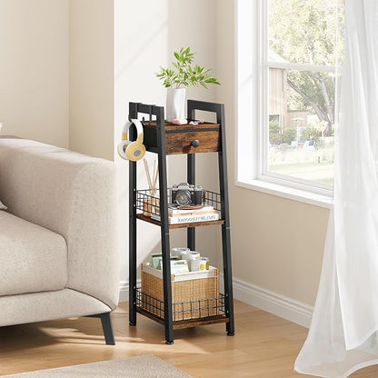 3-Tier Narrow Ladder Shelf with Drawer, Bathroom Floor Storage Shelf, Freestanding Tower Shelf Ladder Bookshelf Brown