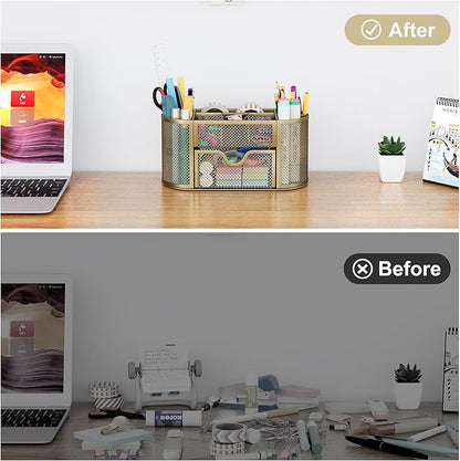 EasyPAG Mesh Pen Holder Desk Organizer with Drawer Stationery Supplies Organizer for Dorm School 9 Compartments Workspace Desk Accessories Organization for Office, Gold