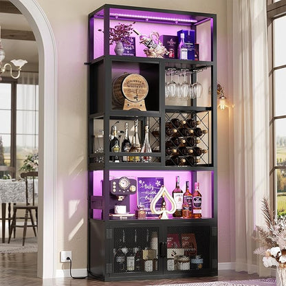 82.6" Tall Bar Cabinet with Power Outlets, 6-Tiers Reversible Wine Cabinet with LED Lights, Glass Holder & Wine Rack, Liquor Storage Cabinet Coffee Bar Unit Station for Dining Living Room, Black