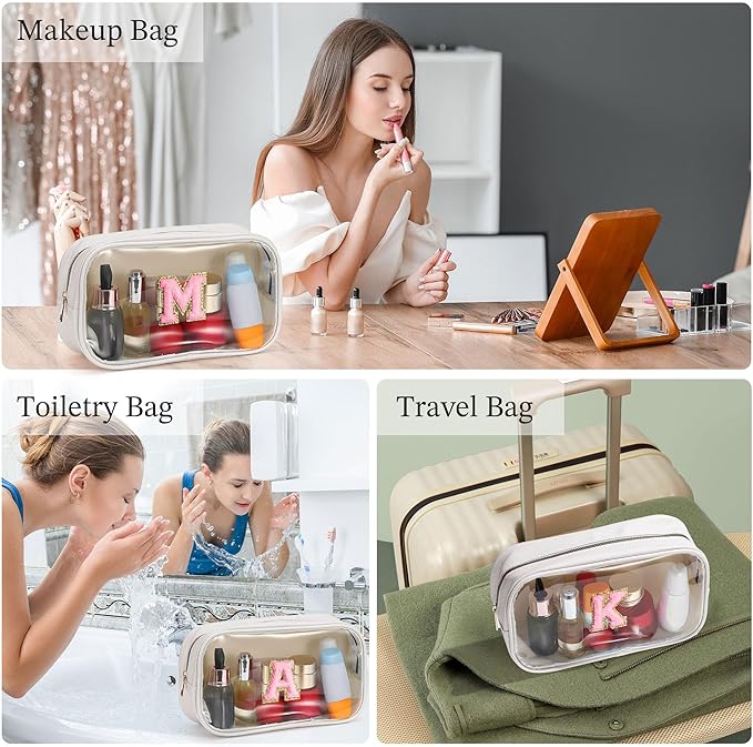 YOOLIFE Cute Travel Toiletry Bag - White Makeup Bag Organizer for Cosmetics, Skincare, Gifts for Women, Bridesmaid, Mother, Girlfriend, Initial D