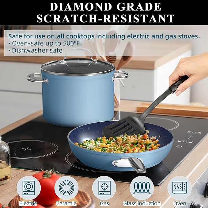 Nuwave 9pc Cookware Set Healthy Duralon Blue Ceramic Nonstick Coated, Diamond Infused Scratch-Resistant, PFAS Free, Oven Safe, Induction Ready & Evenly Heats, Tempered Glass Lids & Stay-Cool Handle