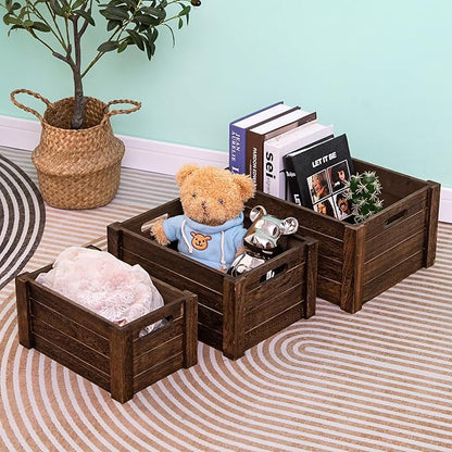 Large Vintage Brown Wooden Crates For Storage,Nesting Handmade Solid Wood Vintage Black Wood Storage Boxes.Storage Crates For Organizing.