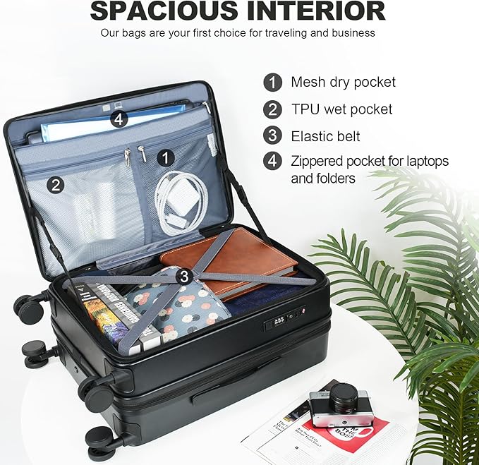 KROSER Carry On Luggage with Spinner Wheels & Built-in TSA Lock, Expandable Top Loading Hard Shell Suitcase Large Capacity Durable Rolling Luggage with USB Port, Carry-On 20-Inch, Black