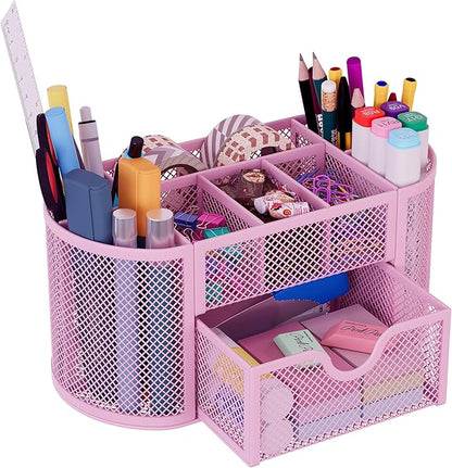 EasyPAG Mesh Pen Holder Desk Organizer with Drawer Stationery Supplies Organizer for Dorm School 9 Compartments Workspace Desk Accessories Organization for Office, Light Pink