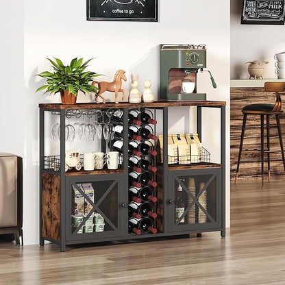 Homeiju Mini Bars for Home, Wooden Coffee Bar Cabinet, Modern Liquor Cabinet for Liquor and Glasses, Farmhouse Buffet Wine Cabinet with Storage Sideboard for Home Kitchen Dining Room