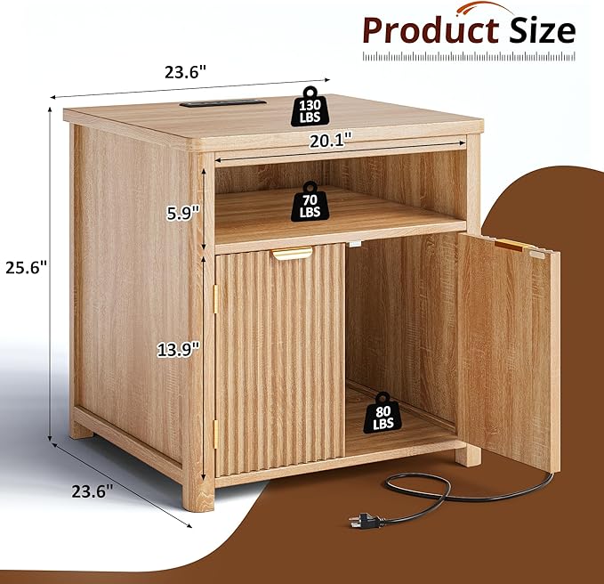 Fluted Nightstands Set of 2 with Charging Stations, 23.6" Wide Natural Oak Nightstand with Storage Drawers, Side Tables, Modern Farmhouse End Tables for Bedroom, Natural Oak