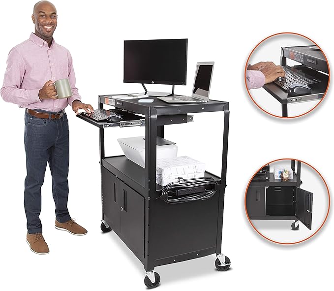 Line Leader Extra Wide AV Cart with Locking Cabinet, Rolling Computer Desk, Height Adjustable Utility Cart with Pullout Keyboard Tray & UL-Listed Power Strip, Great for Projectors (42 x 32 x 20in)