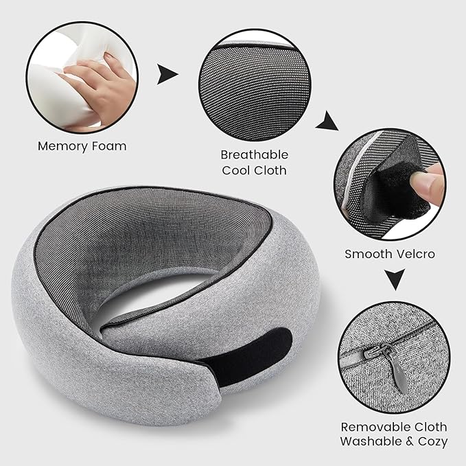 SZXYX Travel Pillows for Airplanes, 100% Pure Memory Foam Neck Pillow for Airplanes, Comfortable Breathable Cover, 360° Support Stowable Pillows for Sleeping, Car, Airport Travel Essentials