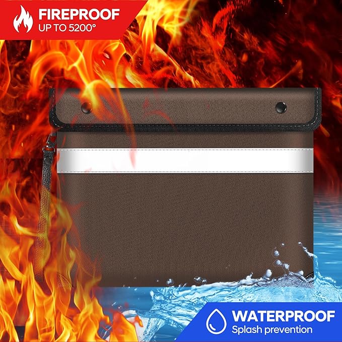 Fireproof Document Bag,5200℉ Insulated Fire Proof Money Bag for Cash,Waterproof Document Pouch with Water Resistant Zipper,8 Layers of Heat Insulated Materials,13.9x10.6 Inch(Brown)