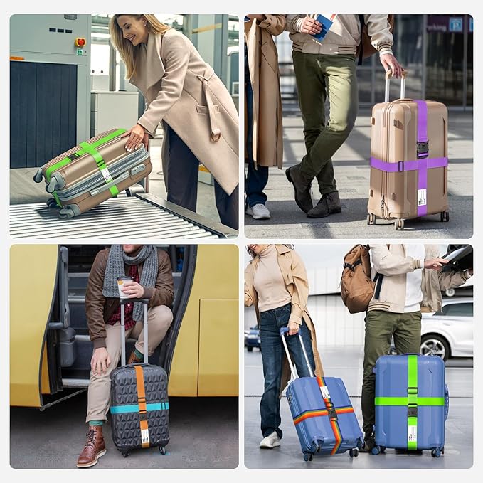 BILIONE Luggage Straps 88 inch Adjustable Suitcase Belt, Lockable Against Accidental Opening, Easy to Identify Travel Accessories, Add a Bag Connector (Vibrant Orange + Green, 4)