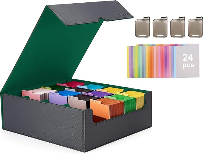 Venssu Card Storage Box For Trading Cards With Dedicated Card Supporters,3000+ Mtg Deck Box With 24 Colorful Divider Tabs,Trading Card Storage Fits For Magic Game Cards (Black and Green)