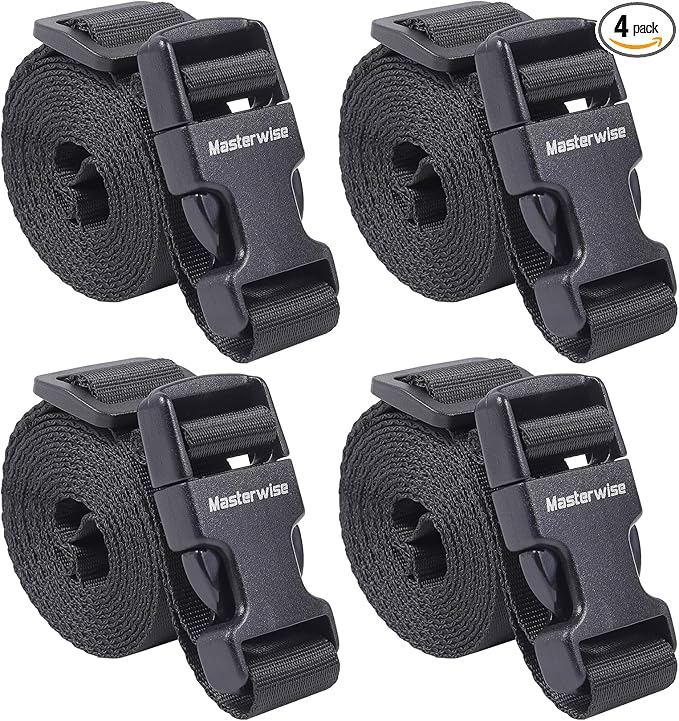 Buckle Straps with Clips, Adjustable Nylon Straps with Buckle, Packing Strap, Black 4 Pack (6’x1)
