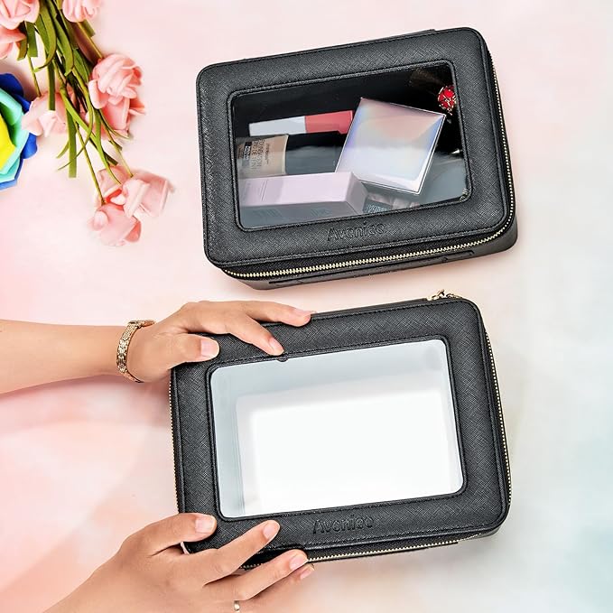 Aveniee Clear Makeup Bag Set,Portable Travel Toiletry Bag Cosmetic Case for Women,Vegan Leather Make Up Pouch Organizer Car Bag for Essentials 2pcs,Middle & Large,Black