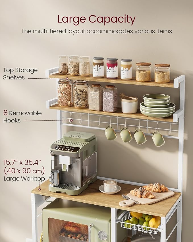 VASAGLE Bakers Rack with Power Outlet, 35.4 Inches Microwave Stand, Coffee Bar, 4 AC Outlets, with Adjustable Shelves, 8 S-Hooks, Basket, Spice Racks, Golden Oak and Cloud White UKKS031Y09