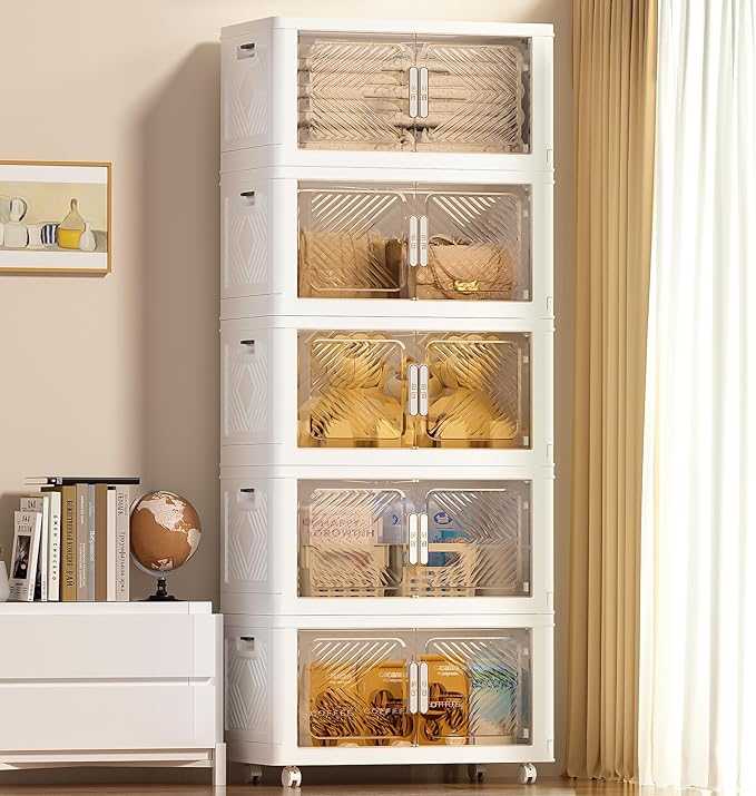 Storage Bins with Lid 76QT, Stackable Storage Containers with Wheels and Magnetic Doors, Plastic Clothes Closet Organizers and Storage Box for Home and Office (5 Pack)