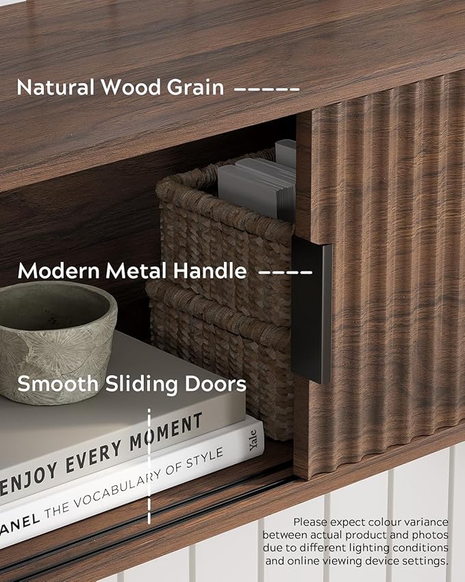 Large Floating TV Stands Set of 2, Modern Fluted Nightstands Wall Mounted Bedside Table Storage Cabinet with Sliding Doors for Living Room, Bedroom, Brown