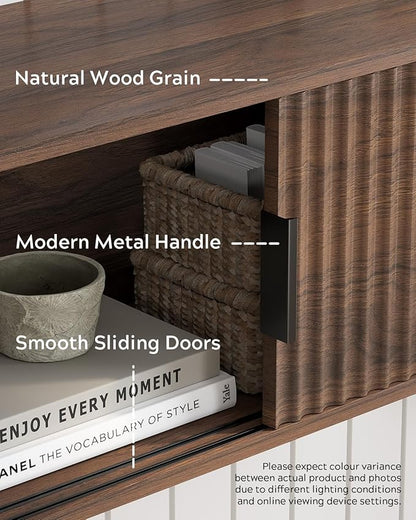 Large Floating TV Stands Set of 2, Modern Fluted Nightstands Wall Mounted Bedside Table Storage Cabinet with Sliding Doors for Living Room, Bedroom, Brown