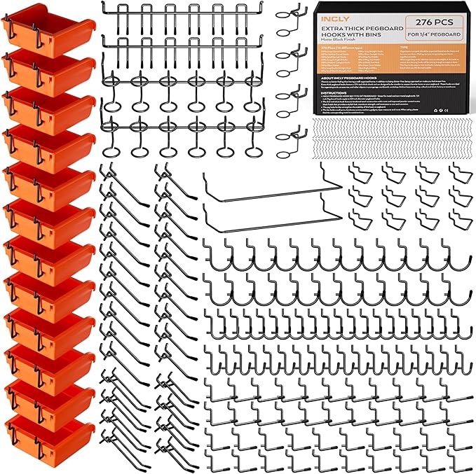 INCLY 276PCS Extra Thick 1/4" Pegboard Accessories Organizer Kit, Heavy Duty Black Pegboard Hooks with Bins & Paper Towel Holder, Peg Board Hook Assortment for Garage Wall Attachments Hanging Tools