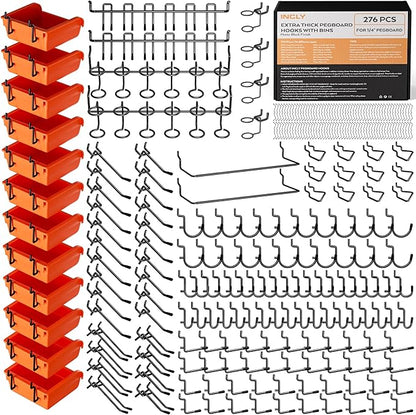 INCLY 276PCS Extra Thick 1/4" Pegboard Accessories Organizer Kit, Heavy Duty Black Pegboard Hooks with Bins & Paper Towel Holder, Peg Board Hook Assortment for Garage Wall Attachments Hanging Tools