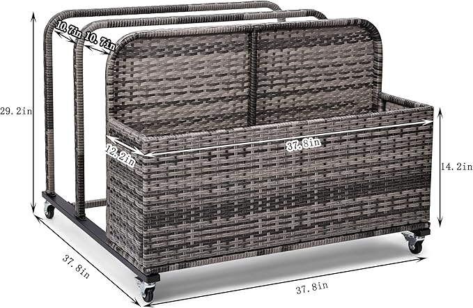 Poolside Float Storage Organizer,Pool Toy Storage Holder with Wicker Basket Outdoor Pool Float Holder Rack Rolling Poolside Caddy Cart Raft Rack for Pool Noodle Equipment Mixed Grey