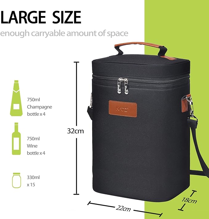Tirrinia 4 Bottle Wine Gift Tote Carrier - Leakproof & Insulated Padded Versatile Wine Cooler Bag for Travel, BYOB Restaurant, Wine Tasting, Party, Dinner,Gift for Wine Lovers, Black