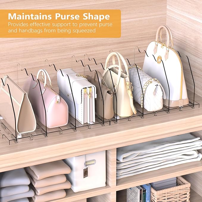 Ronlap Purse Storage Organizer for Closet, Clear Closet Bag Storage Dividers Rack Shelf Purse Dividers for Closet Organization Handbag Separators Closet Purse Organizers and Storage, 4 Pack, Clear