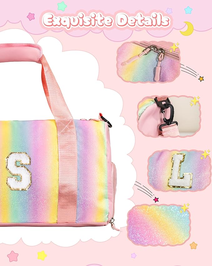 Gifts for 3 4 5 6 7 8 9 10 Year Old Girls-Girl Gym Bag with Shoe Compartment, Kid Personalized Weekender Dance Bags, Initial Travel Tote with Makeup Pouch, Gift Ideas for Kids (Letter M)