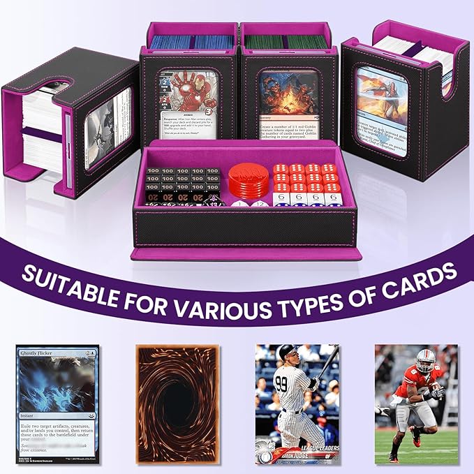 Card Deck Box for MTG with Commander Display, 5 in 1 Card Storage Box Fits 400+ Double-sleeved Cards, Deck Case for TCG Sports Cards with Dividers, Dice Tray, Magnetic Card Holders, Black Purple