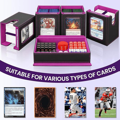 Card Deck Box for MTG with Commander Display, 5 in 1 Card Storage Box Fits 400+ Double-sleeved Cards, Deck Case for TCG Sports Cards with Dividers, Dice Tray, Magnetic Card Holders, Black Purple