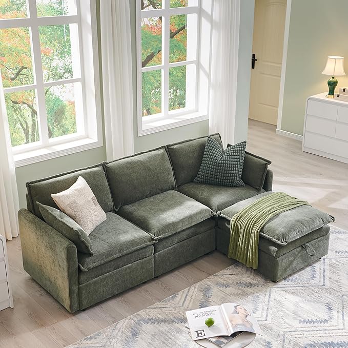 88.98" Sectional Couches for Living Room, Cloud Couch Sectional with Large Storage, L-Shape Modular Sectional Sofa with Ottoman, 4 Seater Chenille Sofa with Pillow for Apartment, Bedroom, Green