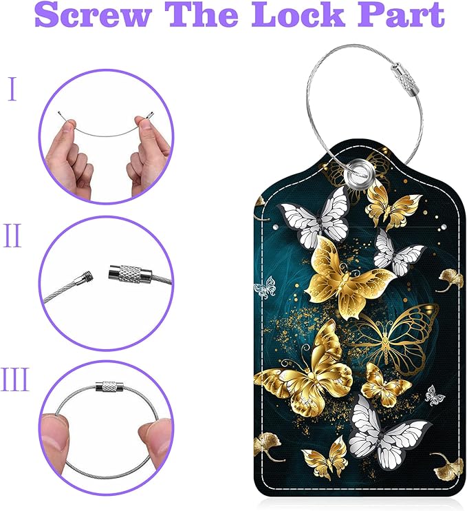 Set of 2 Luggage Tags Golden and White Butterfly Leather Suitcases Tag with Privacy Cover Stainless Steel Loop and Address Card for Women Men Travel