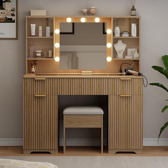 ONME Makeup Vanity Desk with Lights, Natural Wood Fluted Vanity with Tempered Glass Top, Adjustable Shelves, Drawers & Power Outlet, Modern Dressing Table Perfect for Small Bedroom or Apartment