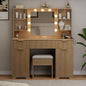 ONME Makeup Vanity Desk with Lights, Natural Wood Fluted Vanity with Tempered Glass Top, Adjustable Shelves, Drawers & Power Outlet, Modern Dressing Table Perfect for Small Bedroom or Apartment