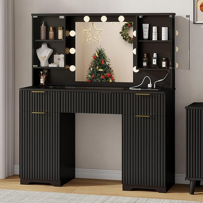 ONME 47.2" Fluted Vanity Desk with Mirror and Lights, Big Vanity with 5 Large Drawers and Adjustable Shelves, Makeup Vanity Table with Glass Top and Charging Station for Women and Girls Bedroom