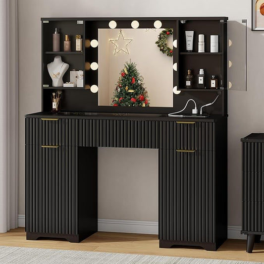 ONME 47.2" Fluted Vanity Desk with Mirror and Lights, Big Vanity with 5 Large Drawers and Adjustable Shelves, Makeup Vanity Table with Glass Top and Charging Station for Women and Girls Bedroom