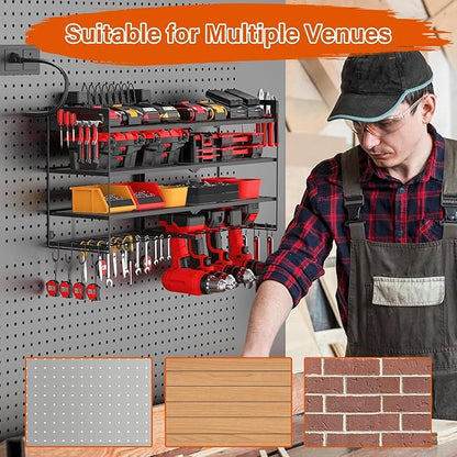 JUNNUJ Large Power Tool Organizer with 10 Outlet Power Strip, 4 Layer Wall Mount Drill Holder with Charging Station, 8 Drills Storage Shelf Shop Garage Utility Rack, Black