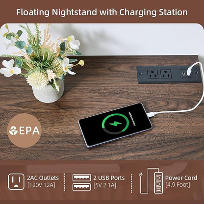 Modern Walnut Fluted Floating Nightstand with Charging Station, NightStand with Drawers, Bedside with USB Ports and Outlets, Bedroom Furniture (Right)