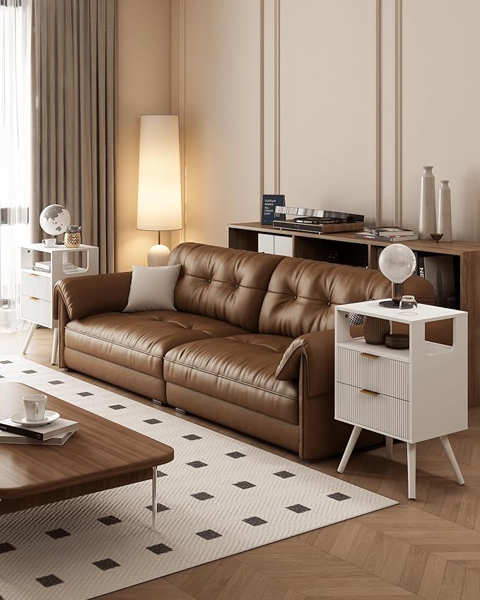 White Nightstand, Modern Bedside Table with 2 Storage Drawer and Open Wood Shelf, for Bedroom and Small Spaces, Night Stand with Solid Wood Legs