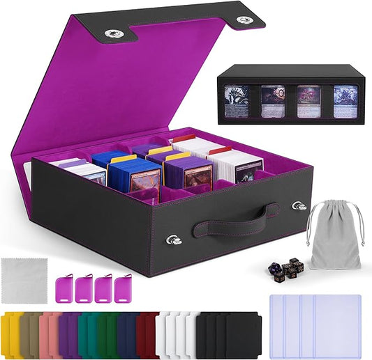 Trading Card Storage Box with Portable Handle, 3000+ MTG Storage Box with 4 Card Stoppers Commander Display Deck Box Card Case Top Loaders MTG TCG Sports Cards Commander Deck Box(Black&Purple)