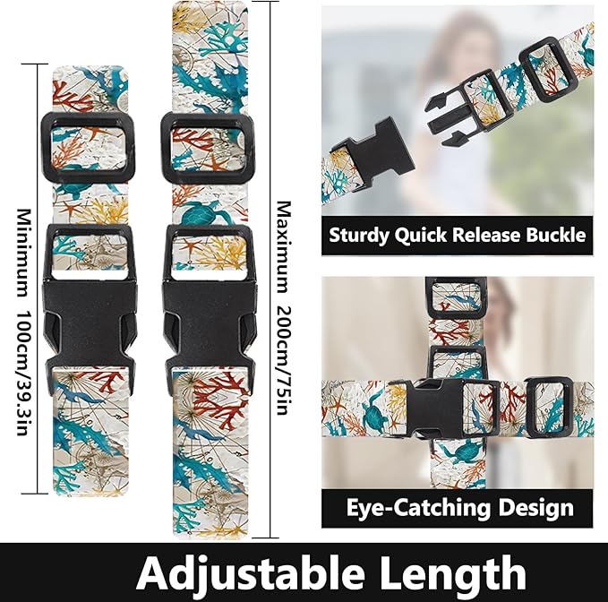 2 Pack Luggage Straps for Suitcases Adjustable Luggage Belt TSA Approved, Bright Colors Travel Packing Straps with Quick Release Buckle Unique Nylon for Sleeping Bag Car Seat, Turtle