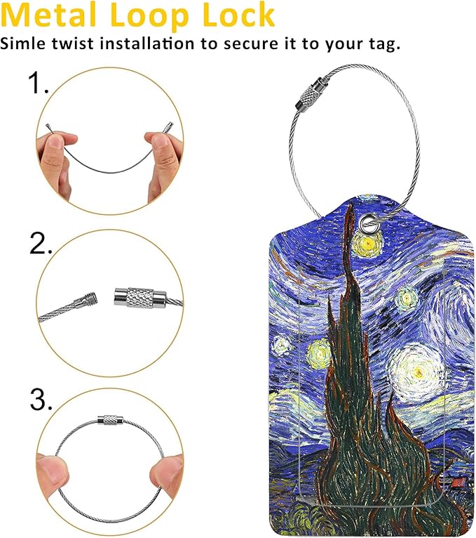 2 Pack The Starry Night Luggage Tags for Suitcases,Starry Night Van Gogh Leather Baggage Suitcases Tag Name ID Label Privacy Cover Travel Bag Tags for Women Men Boys Girls