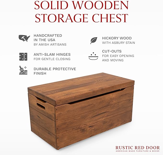 Amish Made Wooden Storage Chest Trunk Box with Lid and Handles for Bedroolanket, Clothes, Anti-Slam Hinges, Handmade, Rustic Hickory Wood, Asbury Stain, 42"