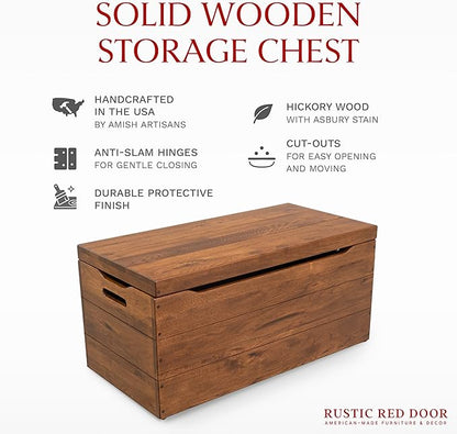 Amish Made Wooden Storage Chest Trunk Box with Lid and Handles for Bedroolanket, Clothes, Anti-Slam Hinges, Handmade, Rustic Hickory Wood, Asbury Stain, 42"