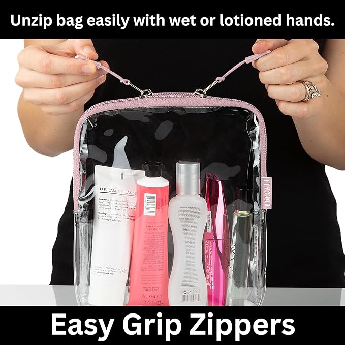 BORSALI TSA-Approved Quart-Sized Bag for Carry-On Travel - One (1) Quart Clear Toiletries, Cosmetic and 3-1-1 Liquids Toiletry Bag - Rose