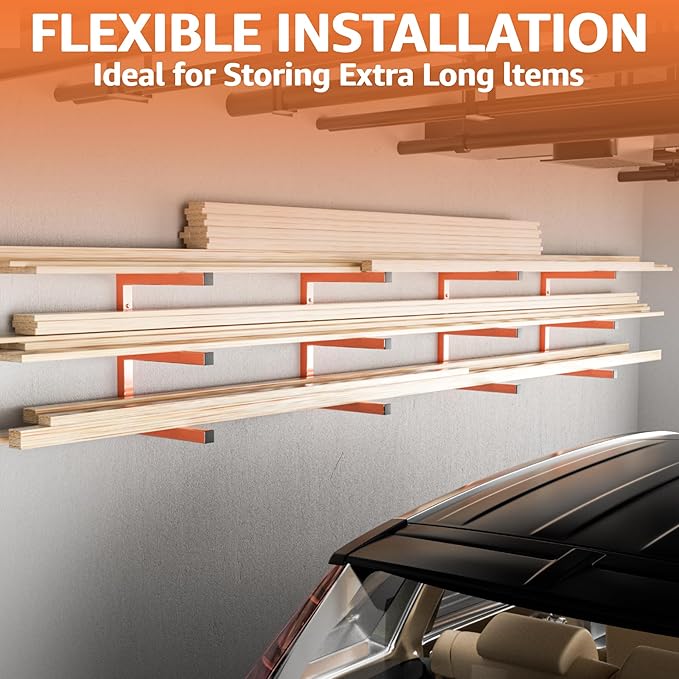 YYR Wood Organizer and Lumber Storage Rack Wall Mount, Heavy Duty Metal Shelf with 6-Level Holds Up 1200 LBS, Indoor & Outdoor Use - Orange