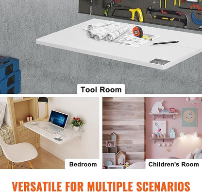 VEVOR Wall Mounted Folding Table, 31.5" x 23.6" Wall Mount Drop Leaf Table, Floating Desk with Iron Bracket for Small Spaces, Home Office Dining Laundry Room Kitchen Bar, White